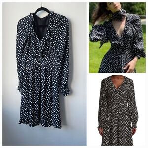 Ungaro Bella Black & White Polka Dot Ruffled V-Neck Long Sleeve Mini Dress
